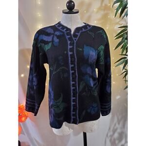 Rodier Vintage 80s Women's M/L Wool Blend Floral Knit Button-Up Cardigan Sweater